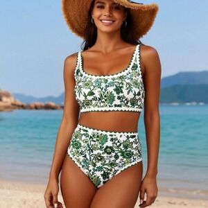 Womens Green Floral Whip Stitch High Waisted Bikini Set Swimsuit Size S NWOT